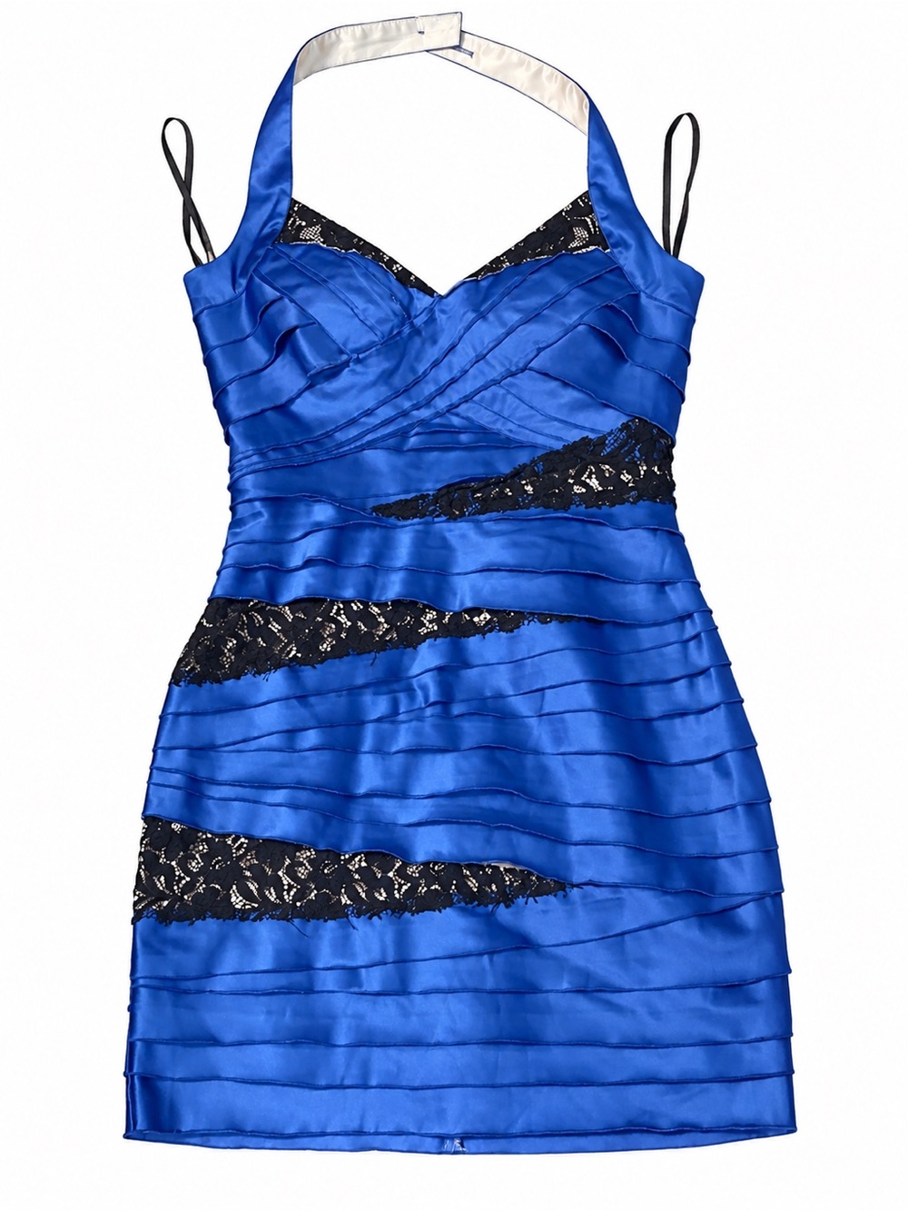 NWOT Vintage Y2K BeBe Royal Blue Satin and Black Lace Bandage Halter Dress SizeS